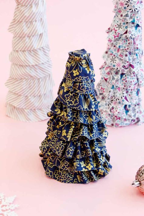 Styrofoam Christmas Tree Covered with Fabric - see kate sew Styrofoam Christmas Tree, Christmas Tree Tutorial, Tree Tutorial, Fabric Christmas Trees, Cone Christmas Trees, Toile Fabric, Ruffle Fabric, Christmas Tree Decor, My Sewing Room