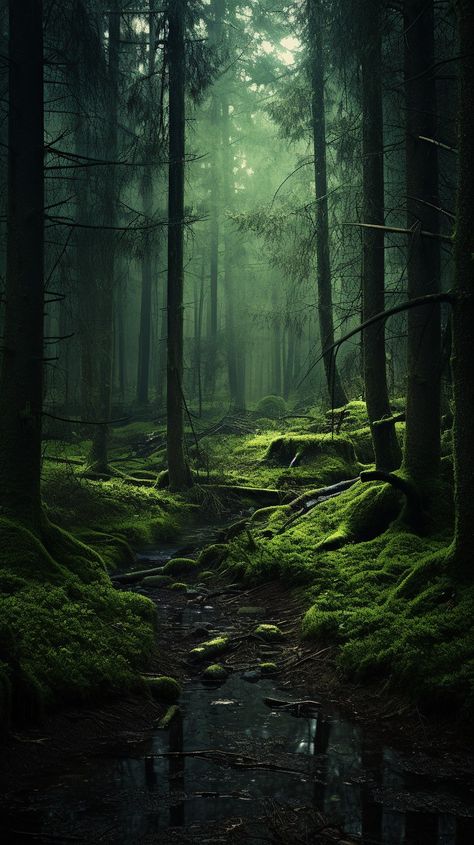 Romantic Scenery Night, Moody Green Photography, Lush Forest Aesthetic, Mossy Forest Aesthetic, Forest Magic Aesthetic, Green Woods Aesthetic, Fairytale Aesthetic Forests, Witchy Landscape, Spooky Forest Aesthetic