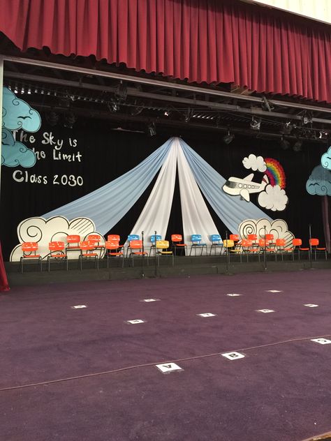 Sky Theme Stage Decoration, The Sky Is The Limit Graduation Theme, Sky Themed Classroom, Preschool Graduation Theme, Clouds Theme, Graduation Background, Sunshine Nursery, Cloud Theme, Play Props