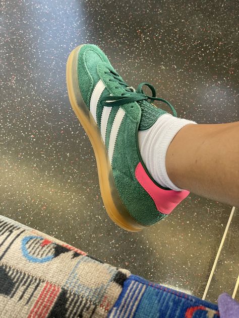 Adidas gazelle green and pink suede Green And Pink Adidas Gazelle, Green And Pink Gazelle, Green And Pink Sambas, Green And Pink Adidas, Green And Pink Shoes, Gazelle Aesthetic, Pink And Green Shoes, Adidas Spezial Green, Adidas Gazelle Green