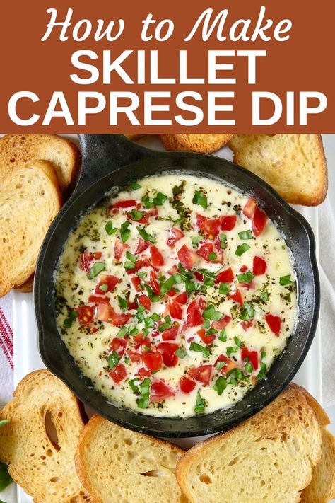 Skillet Caprese Dip, Cheesy Tomato Mozzarella Caprese Dip, Caprese Appetizer Dip, Caprese Dip Recipe, Fresh Mozzarella Appetizers, Mozzarella Dip, Caprese Dip, Caprese Appetizer, Savory Dips