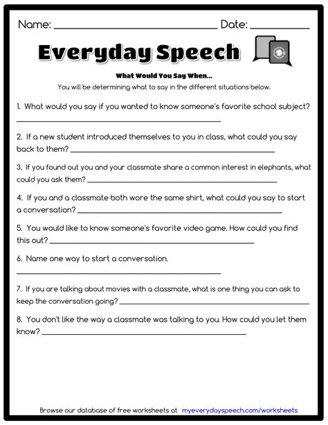 Check out the worksheet I just made using Everyday Speech's worksheet creator! What Would You Say When... - You will be determining what to say in the different situations below. Asd Worksheets, Direct Speech Worksheets, Thoughts Vs Feelings Worksheet, Thoughts Feelings Actions Worksheet, Identifying Parts Of Speech Worksheets, Direct And Indirect Speech Worksheets With Answers, Social Thinking Activities, Cbt Therapy Worksheets, Everyday Speech