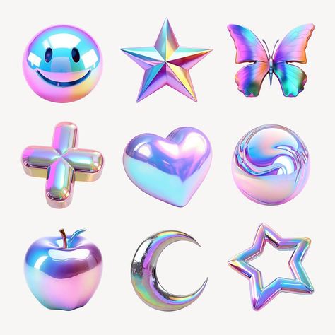 3d iridescent icon element set | Free Photo - rawpixel Y2k Objects, Futuristic Icons, 3d Iridescent, 3d Circle, Butterfly Moon, Icon Set Design, 3d Holographic, Aesthetic Objects, Logo Icon Design