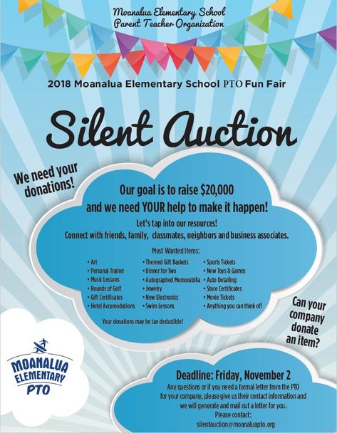 Silent Auction Donations Needed! – Moanalua Elementary School PTO Silent Auction Ideas Donations, Silent Auction Ideas Fundraising Events, Auction Donation Ideas, Hockey Fundraiser, Silent Auction Ideas, Reverse Raffle, Fundraiser Ideas School, Silent Auction Donations, Donations Needed