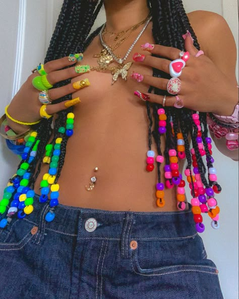 Hair beads, black girl, small singles with beads, single braids, nail art, press on nails, nail designs, hair bead, ideas, stacked rings #hairbraids #nailinspiration #lextheplantmom Hair Beads Color Combinations, Braids With Beads Colorful, Braids Beads Hairstyles Black Women, Braids With Beads And Color, Singles With Beads, Hair Bead Ideas, Natural Hair Styles With Beads, Beads In Hair Braids, Beads On Braids