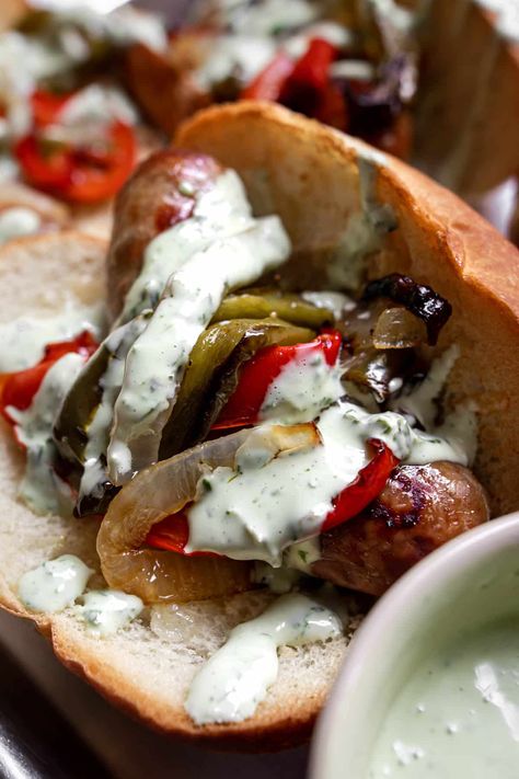 Sausage And Peppers On A Bun, Italian Sausage Sandwich Recipes, Sausage And Pepper Sandwich, Hot Italian Sausage Recipes, Sausage Sandwich Recipes, Sausage And Peppers Sandwich, Lazy Meals, Italian Sausage Sandwich, Basil Aioli