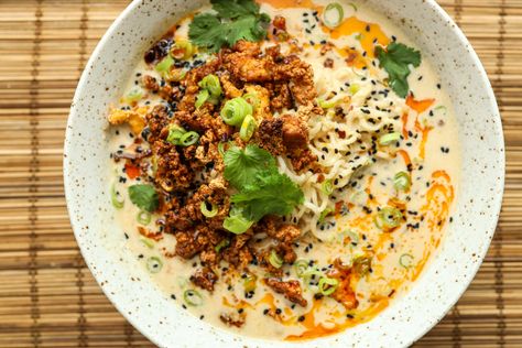 Creamy Peanut Miso Ramen | BOSH! Veggie Miso Ramen, Recipes That Use Miso Paste, Creamy Miso Sauce, Ramen With Miso Paste, Peanut Butter Miso Ramen, Peanut Miso Ramen, Creamy Peanut Miso Ramen, High Protein Ramen Recipe, Miso Bolognese