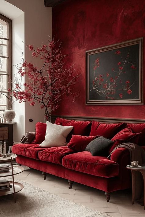 Raspberry Velvet Sofa, Red And Mustard Living Room, Red Velvet Couch Living Room Ideas, Red Sofa Interior, Deep Red Interior Design, Red Velvet Sofa Living Room, Red Accent Wall Living Room, Lounge Room Ideas Modern, Living Room With Red Accents