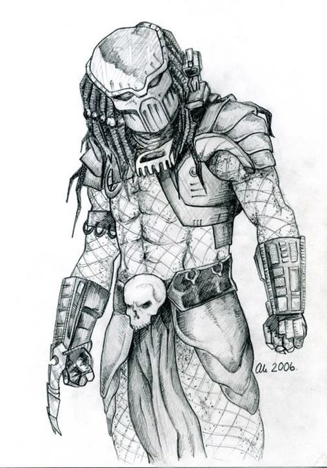 Predator. Pencil drawing. By Ali Shale 2006 Predator Tattoo, Ashley Moore, Predator Artwork, Eraser Pencil, Drawing Materials, Predator Alien Art, Predator Movie, Horror Drawing, Alien Drawings