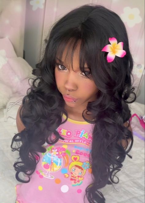 Gyaru Hairstyles Curly, Edges With Bangs, Gyaru Haircut, Short Gyaru Hair, Gyaru Black Woman, Cutecore Hair, Cutecore Hairstyles, Kawaii Black Women, A3 Hair