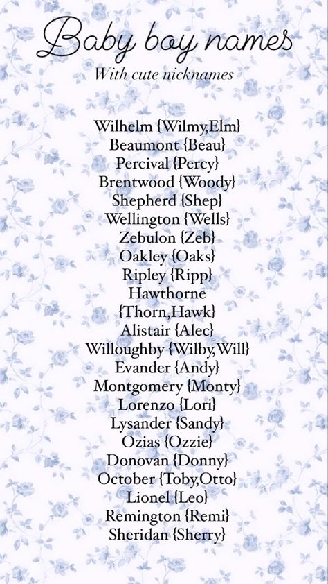 Baby boy name list Soft Boy Names Aesthetic, Names With Nicknames Boy, 1900s Names, Baby Boy Names With Nicknames, Long Boy Names With Nicknames, Nickname Ideas Boy, Male Names With Nicknames, Vintage Names Boy, Long Names With Nicknames