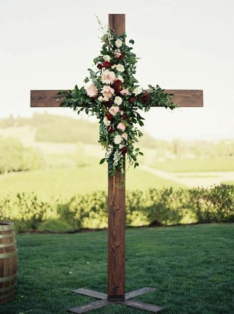 Cross With Flowers, Backyard Wedding Ceremony, Trendy Bride, Wedding Cross, Flowers And Greenery, Wedding Ceremony Flowers, Ceremony Flowers, Nc Wedding, Oregon Wedding