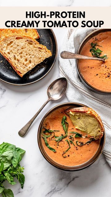 Tomato Soup With Protein, Creamy Protein Soup, High Protein Tomato Basil Soup, Vegan Soup High Protein, Silken Tofu Soup Recipes, Soups With Tofu, High Protein Creamy Soup, Protein Tomato Soup, High Protein Tomato Soup