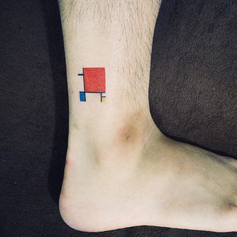 Mondrian Mondrian Tattoo, Ankle Tattoo Men, Cute Ankle Tattoos, Modern Art Tattoos, Ankle Tattoos For Women, Modern Tattoos, Small Tattoos For Guys, Ankle Tattoo, Minimal Tattoo