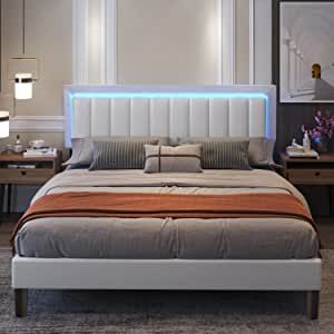 Amazon.com: Catrimown King Size Bed Frame Upholstered Platform Bed Frame with Headboard Faux Leather Upholstered King Bed Frames Led Bed Frame with Heavy Duty Wood Slat Support No Box Spring Needed, White : Home & Kitchen Upholstered King Bed Frame, White Bed Frames, Faux Leather Headboard, Bed Frame With Led Lights, Bed Frame Upholstered, Leather Upholstered Bed, Platform Bed Frame With Headboard, Led Bed, Bed Frame King