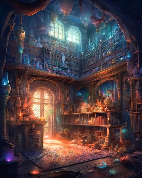 Interior concept art design created with Midjourney v5 Magic Room Fantasy, Fantasy Witch Room Concept Art, Fantasy Shop Interior Concept Art, Fantasy Interior Design Art, Witch Shop Art, Magical Workshop Concept Art, Room Fantasy Art, Fantasy Office Concept Art, Fantasy Art Interior