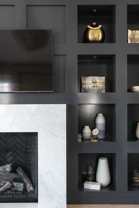 Benjamin Moore Jet Black, Best Benjamin Moore Paint Colors, Benjamin Moore Paint Colors, Black Bookcase, Living Tv, Home Bunch, Coastal Living Rooms, Benjamin Moore Paint, Transitional House