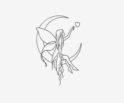 Moon With Fairy Tattoo, Fairy On A Moon Tattoo, Fairy Dainty Tattoo, Fairy Dancing Tattoo, Fairy Angel Tattoo, Vintage Fairy Tattoo, Fairy Fine Line Tattoo, Pixie Fairy Tattoo Ideas, Enchanted Tattoo Ideas