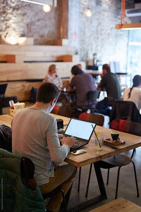 Work Men Aesthetic, Work Space Cafe, People At Coffee Shop, Work At Coffee Shop, Cafe With People, People At Cafe, Work In Cafe, Man On Computer, Coffee Shop Laptop