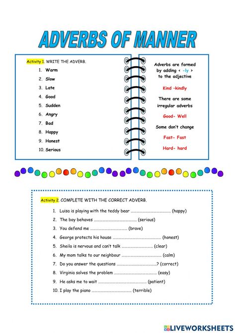 Ly Adverbs Worksheet, Adverb Of Manner Worksheet, Adverbs Activities, Manners Worksheet, Adverb Of Manner, English Excercise, Adverbs Of Manner, Adverb Activities, English Liveworksheet