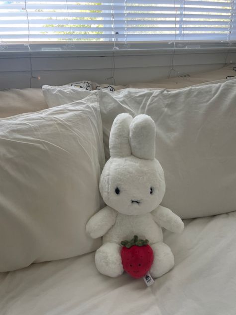 Miffy, jellycat, bunny, strawberry, fruit, plush, strawberry plush, strawberry jellycat, bed, white bedsheets, bedsheet, cute, fresh, coquette, lana del rey, brandy, sonny angel, downtown girl, aesthetic Stuffed Animal, The Story, Bed, White