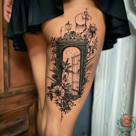 Unlocking the Meaning: Exploring the Fascinating World of Doorway Tattoos: 151 Designs - inktat2.com Elbow Book Tattoo, As Above As Below Tattoo, Underworld Tattoo Ideas, Framed Floral Tattoo, Oddity Tattoo Ideas, Window Tattoo Ideas, Secret Love Tattoo Ideas, Romantasy Tattoo, Witchy Thigh Tattoo