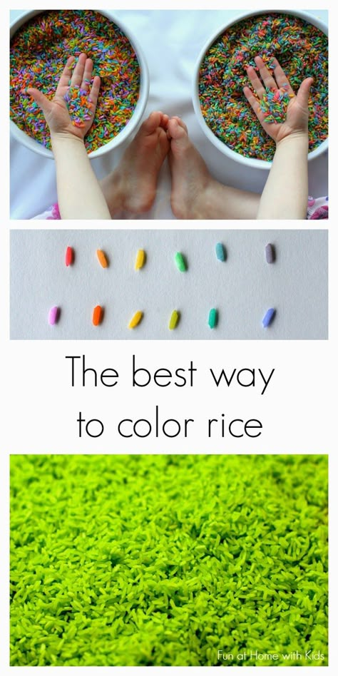 The best way to color rice: a comparison of two methods from Fun at Home with Kids Color Rice, Home With Kids, Colored Rice, Sensory Table, Kids Sensory, Toddler Play, Toddler Fun, Sensory Bins, Sensory Activities