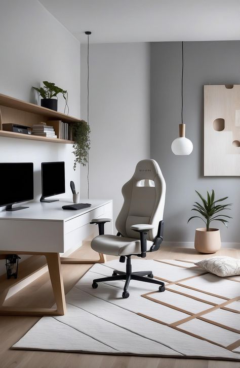 Embrace the beauty of simplicity in this serene Scandinavian-inspired home office. With clean lines and a muted color palette, the sleek white desk harmonizes perfectly with light wood accents and cozy textiles. A touch of greenery from potted plants brings life to the space while maintaining a minimalist aesthetic. This tranquil setup is designed for focus and creativity, embodying the essence of Scandinavian design—functional, beautiful, and effortlessly calming! Light Wood Accents, White Desk Setup, Cozy Textiles, Minimalist Home Office, White Desk, Muted Color Palette, White Desks, Home Office Setup, Office Setup