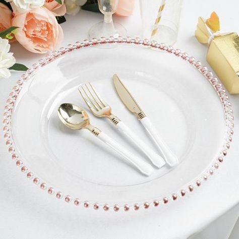 Acrylic Charger Plates, Glass Charger Plates, Rose Gold Beads, Course Meal, Acrylic Plastic, Charger Plates, Beaded Trim, Food Presentation, Event Catering