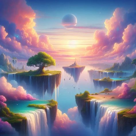 A beautiful dream land . . a painting of a waterfall in the sky, dream scenery art, fantasy art landscape, fantasy landscape painting, beautiful fantasy painting, fantasy matte painting，cute, epic dreamlike fantasy landscape, whimsical fantasy landscape art, mystical fantasy landscape, impressive fantasy landscape, atmospheric dreamscape painting, clouds. fantasy, symmetrical fantasy landscape, very beautiful fantasy art, fantasy landscape, dreamy matte painting . . . . . . #nature #nat... Epic Landscape Art, Bright Fantasy Art, Fantasy Landscape Art Magic, Dreamscape Painting, Fantasy Art Landscape, Fantasy Landscape Painting, Dream Scenery, Art Fantasy Landscape, Fantasy Landscape Art