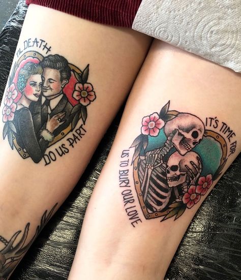 Traditional Tattoo Love, Traditional Thigh Tattoo, Tattoo Old School, Tattoos For Lovers, Matching Couple Tattoos, Tattoo Desings, Old Tattoos, Time Tattoos, Wedding Tattoos