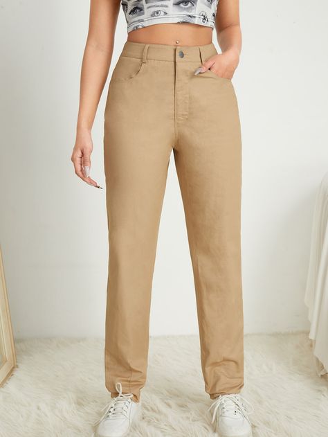 Khaki Casual   Cotton Plain Straight Leg Embellished Non-Stretch Spring/Summer/Fall Women Bottoms Camel Straight Leg Pants, Neutral Pants, Women Bottoms, Tan Pants, Women Pants, Straight Leg Trousers, Pants Straight, Straight Leg Pants, Summer Fall