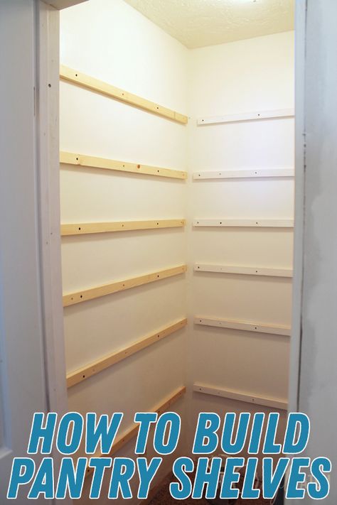 Walk In Pantry Shelves Diy, L Shelves Corner, Shelving Ideas For Pantry Food Storage, Building Shelves In A Pantry, How To Build Pantry Shelving, Build Your Own Pantry Shelves, Diy Pantry Shelves Small Closet, Open Shelf Butlers Pantry, Diy Walk In Pantry On A Budget