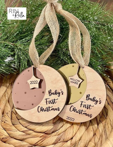 Baby's 1st Christmas Ornament, Baby Christmas Ornaments, Babys First Christmas, Baby's First Christmas Ornament, Rose Gold Mirror, Family Christmas Ornaments, Stars Moon, Mirror Gold, Wood Christmas Ornaments