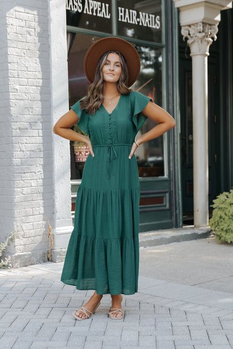 Crafted with intricate hunter green lace, this elegant tiered maxi dress is a must-have for any occasion! Perfect for a formal event or a day out! Free US shipping! Postpartum Wedding Guest Dress, Maxi Dress Fall Outfit, Sorority Rush Outfits, Rush Outfits, Practical Style, Gorgeous Maxi Dresses, Gameday Dress, Maxi Dresses Fall, Chic Fall Outfits