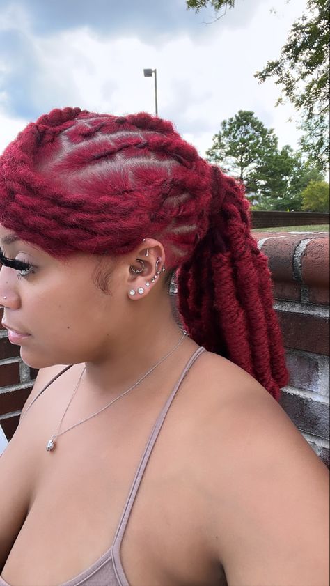 Dreadlocks Ponytail Hairstyles, Pink Skunk Stripe Locs, Pink Dreads Black Women, Barbie Ponytail Locs, Burgundy Locs Black Women, Pink Locs Black Women, Red Locs Black Women, Locs Hairstyles Short, Ponytail Locs