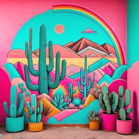 Tentecale Drawing, Cactus Wall Mural, Trippy Mural, Cactus Mural, Mexican Murals, Decoration Vitrine, Wall Murals Painted, Cactus Art, Art Painting Gallery