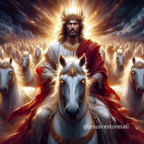 Revelation 19:11-14 [11]I saw heaven standing open and there before me was a white horse, whose rider is called Faithful and True. With justice he judges and wages war. [12]His eyes are like blazing fire, and on his head are many crowns. He has a name written on him that no one knows but he himself. [13]He is dressed in a robe dipped in blood, and his name is the Word of God. [14]The armies of heaven were following him, riding on white horses and dressed in fine linen, white and clean. #whit... Christian Horse Wallpaper, Prince On White Horse, 7 White Horses Running Wallpaper, Angels On Horseback, Horses Design, Heavenly Angels, Seven White Horses Running Painting, Revelation 19, Jesus Our Savior