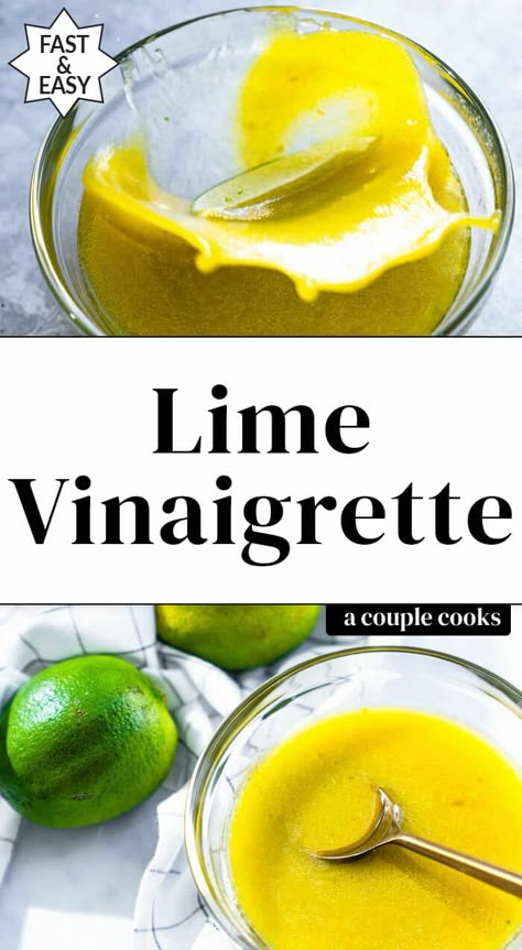 This lime vinaigrette is so easy to put together: it takes just 5 ingredients and 5 minutes! Its zingy flavor is perfect for salads of any kind. #limevinaigrette #limedressing #limesaladdressing #mexicandressing #plantbaseddressing #vegandressing #vegansalad #plantbased #wfpb #mealprep Green Sauces, Dressing From Scratch, Dairy Free Dressing, Lime Salad Dressing, Creamy Cilantro Dressing, Blueberry Salad, A Couple Cooks, Cilantro Lime Dressing, Berry Salad