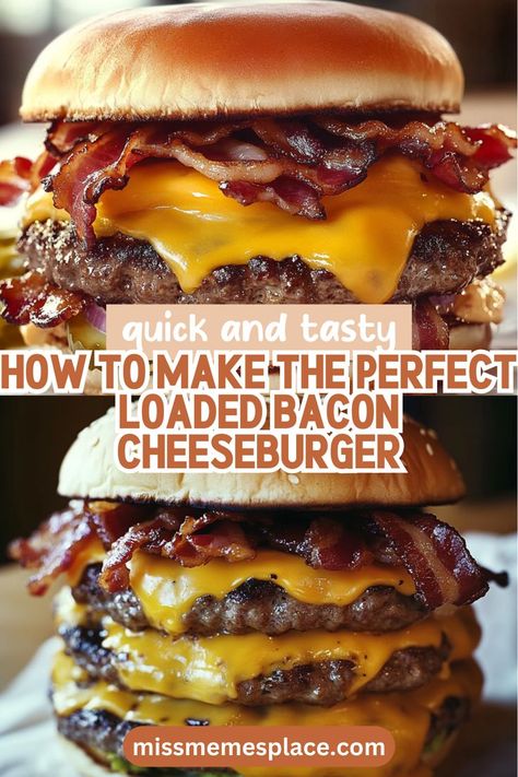 Master the art of the Loaded Bacon Cheeseburger with our detailed guide! This recipe features three perfectly grilled patties, topped with thick-cut crispy bacon and a blend of American and cheddar cheese that melts beautifully. We’ll share tips on seasoning, cooking methods, and how to assemble your burger for maximum flavor. Ideal for gatherings or a satisfying weeknight meal, this burger is the ultimate crowd-pleaser that guarantees to impress. Cheeseburgers On The Grill, Cheeseburger Recipes, Hamburgers And Hot Dogs, Unique Sauces, Cheeseburger Recipe, Burger Sandwich, Random Recipes, Cheese Burger, Bacon Cheeseburger