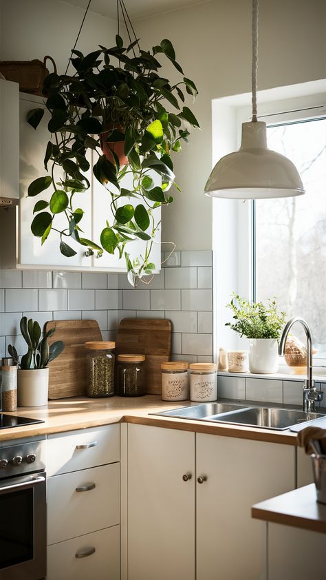 Elevate your kitchen aesthetic with the lush beauty of Pothos! This stunning setup features a METOD cabinet adorned with VARDAGEN jars, all illuminated by a stylish SINNERLIG pendant lamp. The bright natural light enhances the cheerful vibe, making it the perfect space for culinary creativity. Discover how to incorporate greenery into your kitchen and create a fresh, inviting atmosphere. Click for more inspiration and tips on styling with plants! #KitchenInspo #IKEAStyle #PothosLove #HomeDecor #PlantStyling #BrightSpaces #IndoorPlants Sinnerlig Pendant, Styling With Plants, Ikea Style, Above Kitchen Cabinets, Plant Kitchen, Kitchen Plants, Kitchen Aesthetic, Cooking Area, Green Kitchen