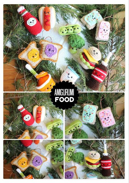 Amigurumi Food Christmas Ornaments Crochet, Gingerbread House Patterns, Amigurumi Food, Crochet Pattern Christmas, Ornaments Crochet, Crochet Ornament Patterns, Food Pizza, Food Ornaments, Crochet Ornaments