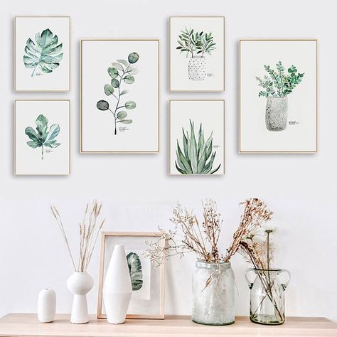 Living Room Nordic, Gallery Wall Layout, Nordic Poster, Scandinavian Wall Art, Frame Picture, Watercolor Plants, Leaf Wall, Lighted Canvas, Leaf Wall Art