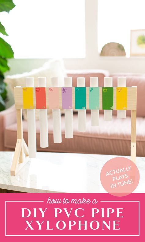 Learn how to make a xylophone that actually plays in tune! This colorful musical instrument DIY is a perfect project for families to make together. Use PVC pipe to make a DIY xylophone that spans an octave, and decorate it with solfege syllables. A fun homeschool project or music class craft! Xylophone Craft, Musical Instruments Diy, Diy Xylophone, Diy Instruments Projects, Pvc Pipe Instrument, Kids Xylophone, Instruments Diy, Music Instruments Diy, Homemade Musical Instruments