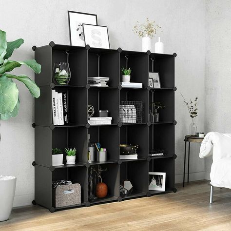 Ebern Designs Frankford 48.4" H x 48.4" W Cube Storage Organizer & Reviews | Wayfair Diy Cube Storage, Plastic Storage Shelves, Cube Storage Unit, Black Bookcase, Cube Shelves, Modular Storage, Study Room Decor, Bookshelves Diy, Bedroom Black