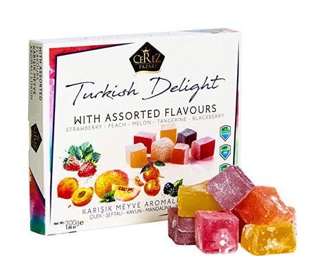 Amazon.com : Cerez Pazari Turkish Delight with Strawberry, Peach, Melon, Tangerine, Blackberry Flavours 7 Oz Gourmet Small Size Snacks Gift Box | No Nuts Sweet Luxury Traditional Confectionery Vegan Soft Candy Dessert Glucose Free Lokum (Loukoumi) Approx.18 Pcs : Grocery & Gourmet Food Thanksgiving Sweets, Gourmet Box, Turkish Sweets, Chocolate Pack, Rose Flavored, Vegan Candies, Dessert Gifts, Soft Candy, Snack Gift