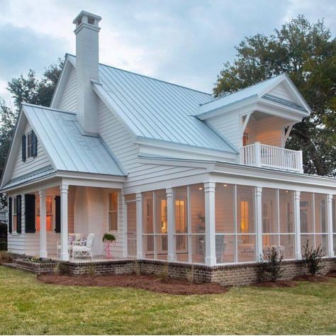 I love this farmhouse with screened in porch and upstairs bedroom with a balcony.  Just beautiful. Windows Black, Nice Houses, Big Families, Black Shutters, Modern Farmhouse Home, Porch And Balcony, Gorgeous Houses, Building Homes, House With Porch