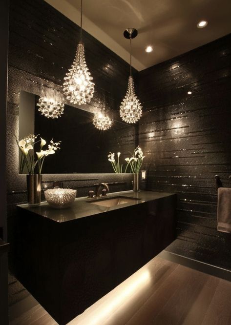 Dark and sexy, the wallpaper is stunning! Black Water Closet Bathroom, Water Closet Bathroom, Modern Powder Room Design, Black Bathroom Fixtures, Tiny Powder Room, Dark Luxury, Fancy Water, Modern Powder Room, Bathroom Redecorating