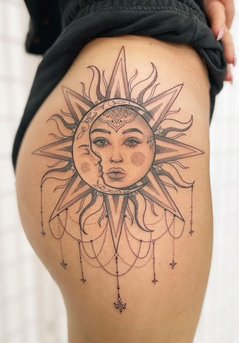 Beautiful Sun and Moon Tattoo Idea Tattoo Sonne, Side Thigh Tattoos, Moon Sun Tattoo, Sun And Moon Tattoo, Hip Thigh Tattoos, Hip Tattoos Women, Sun Tattoos, Leg Tattoos Women, Knee Highs