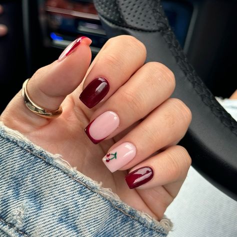 Square Nail Designs Autumn, Autumn French Tip Nails Square, Short Nail Designs Cherry, Short Cherry Nails Designs, Short Nail Designs Fall 2024, Red French Tips Short, Short Square Biab Nails, Fall Nail Ideas Square, Winter Biab Nails